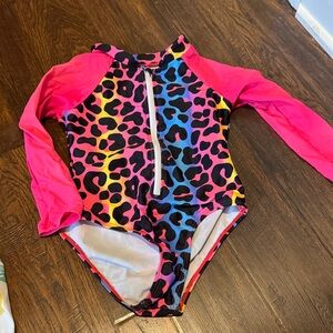 Girls Neon Leopard One-Piece Swimsuit with Pink Sleeves